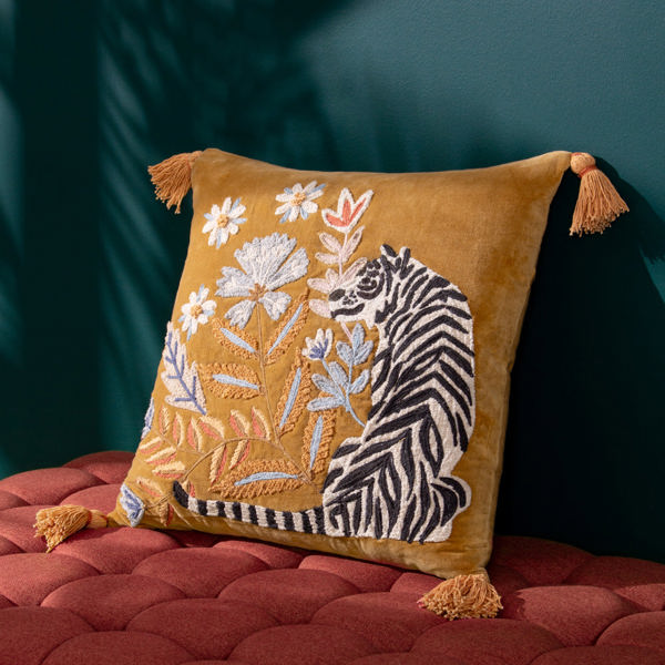 Wylder Tropics White Tiger Embroidered Cushion Cover - Gold