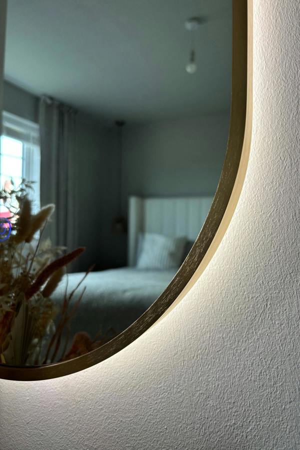 Downton Interiors LED Backlit Gold Modern Tall Metal Frame Oval Wall Mirror - 120cm