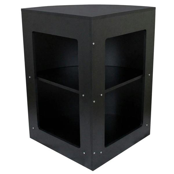 Corner retail shop counter in sleek black finish, featuring two open shelves and a modern design, perfect for display and storage