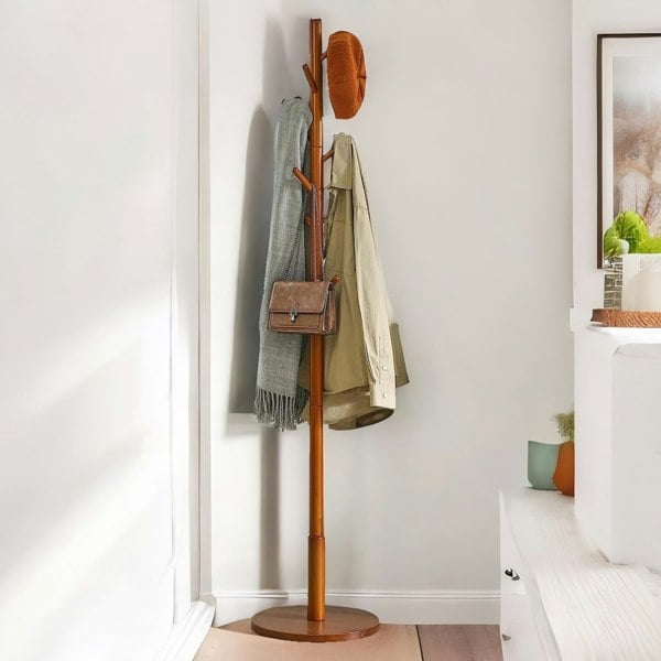 Rafaelo Mobilia Adjustable Wooden 8 Hook Coat Stand With Round Base