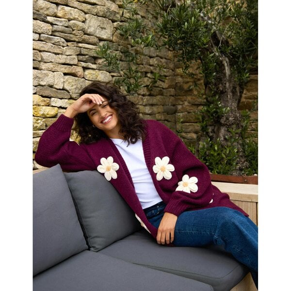 Blue Vanilla Daisy Large Flower Cardigan - Wine