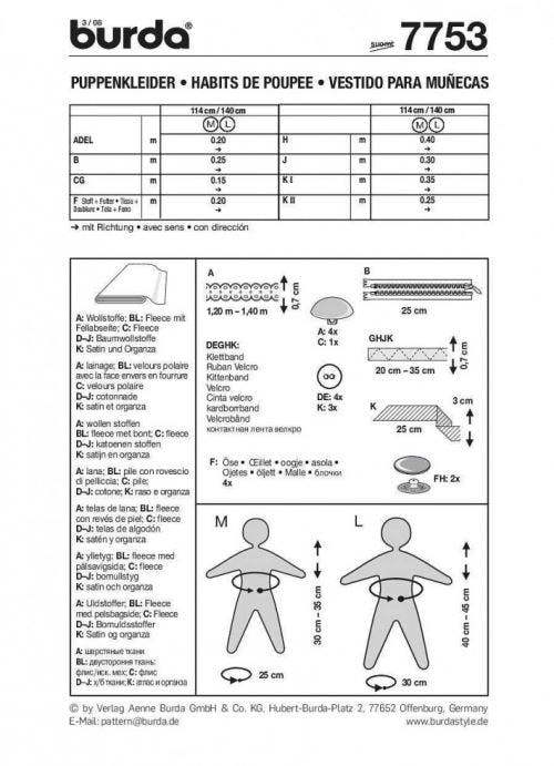 Burda Sewing Pattern 7753 Doll Clothes - Easy