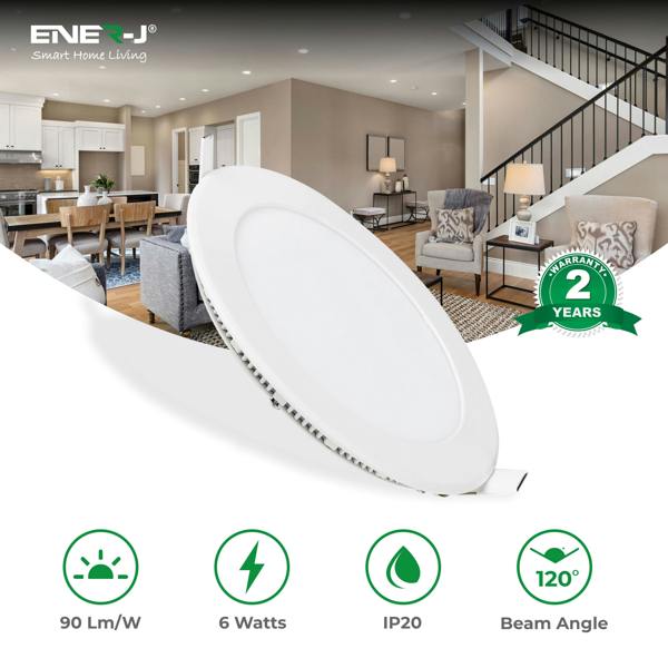 ENER-J 6W Recessed Round LED Mini Panel Downlight, 120mm Diameter, 105mm Hole Size, 2 Years Warranty, 20000 Hours Long life | Pack of 4 - 6000K
