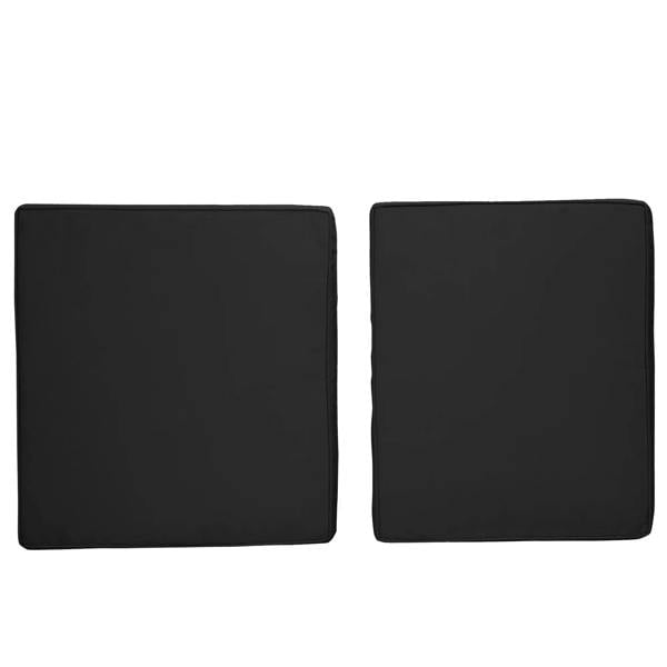 Two black square cushion pads, one seat cushion and one back pad, front view