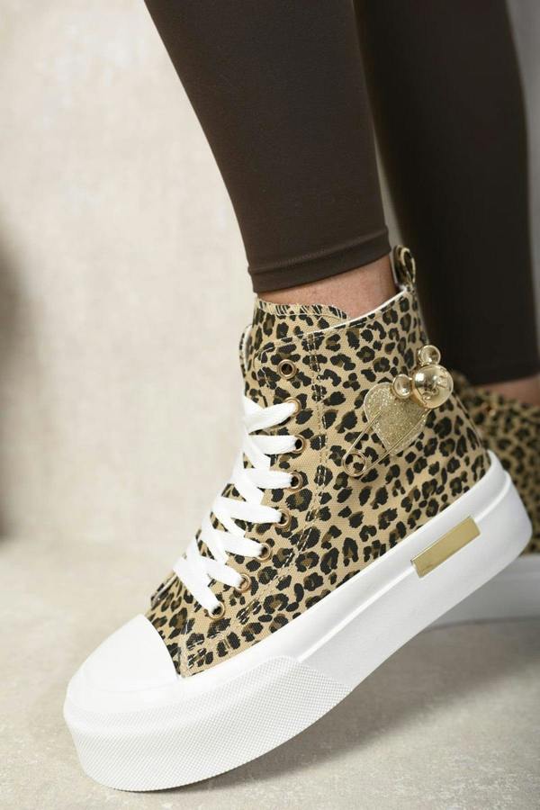 Dana High Top Lace Up Platform Ankle Trainers With Decorative Detail - Leopard