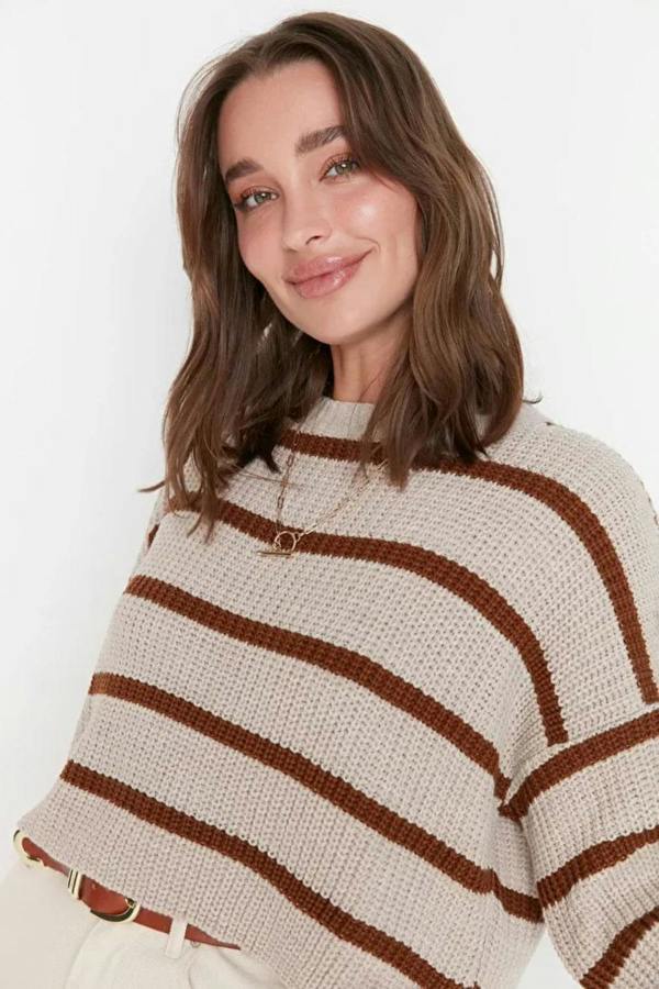 Hoxton Gal Cropped Basic Striped Oversized Knit Sweater