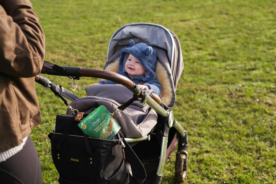 Baby in a pram on a field with a more toddler meal in the pram.