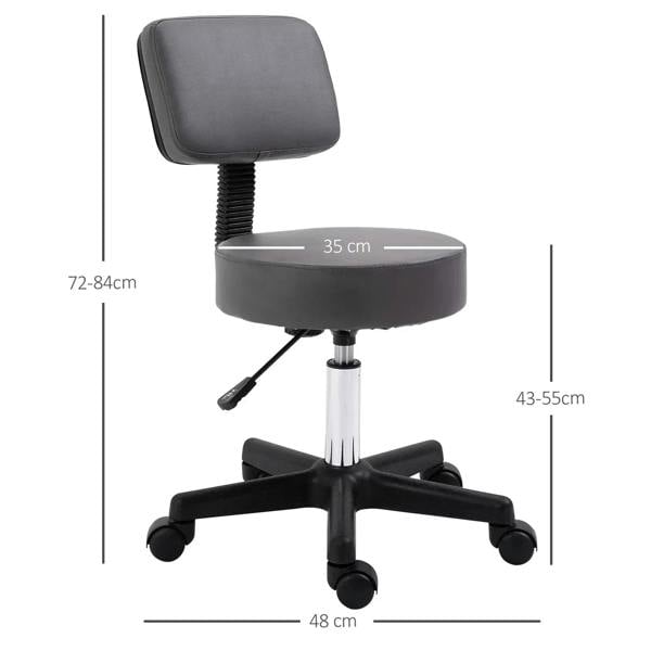 Grey adjustable height salon chair with padded seat, backrest, and five rolling wheels