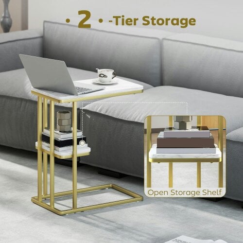 Wyld Haus Neso Metal And Wooden White Marble Grain Slim C Shaped Side Table With 2 Tier Storage