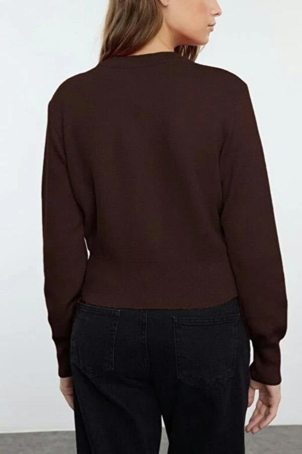 WOVCOR Premium Yarn Crop Knit Cardigan with Rose Button Detail