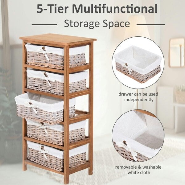 Wyld Haus Yorila Wood Natural Finish 5 Drawer Dresser With Wicker Baskets
