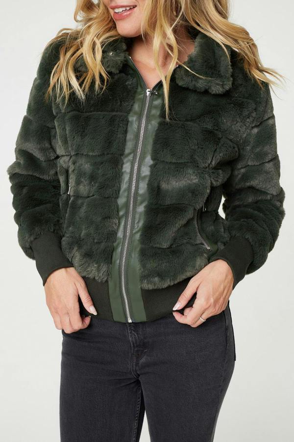 Khaki | Faux Fur Zip Front Jacket