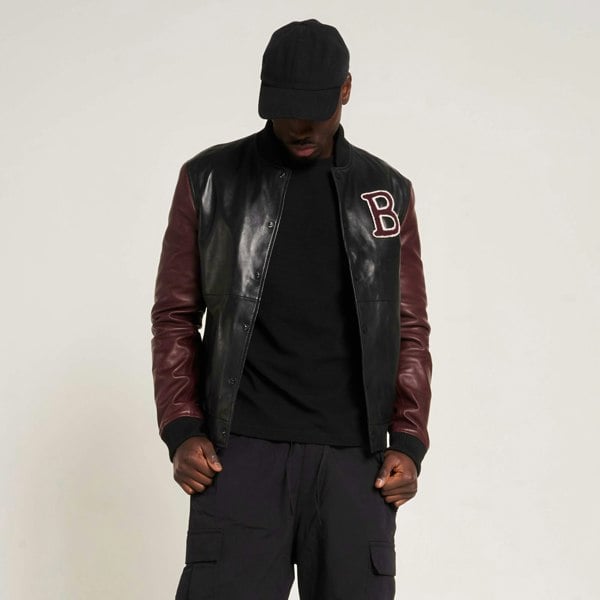 Barneys Originals Men's Real Leather Varsity Jacket in Black and Maroon