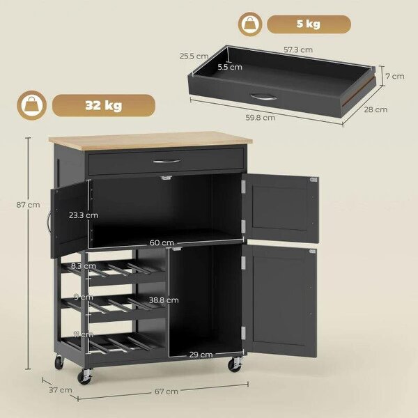 Modern Kitchen Trolley, Rolling Island Storage Cart with Drawer, 9-bottle Wine Rack, Door Cabinets, Black