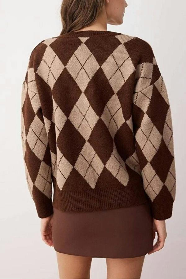 WOVCOR Soft-Textured V-Neck Argyle Pattern Knit Sweater