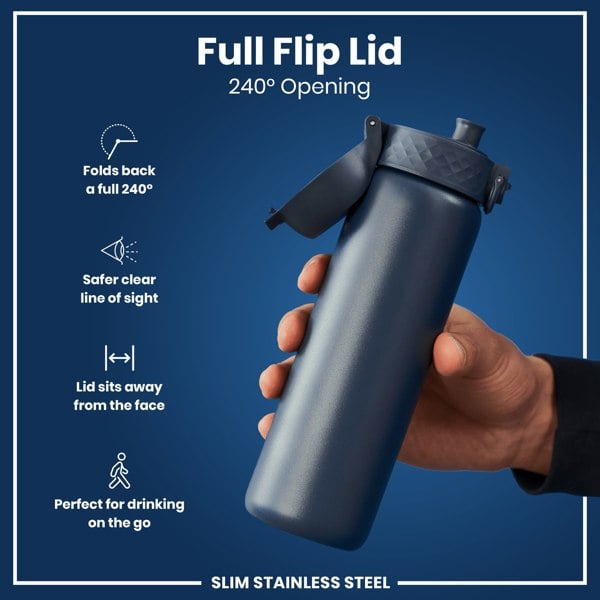 A dark-blue, slim stainless steel water bottle is held; its lid is flipped open 240 degrees, providing a clear line of sight and safe distance from the face. The bottle is ideal for on-the-go use.