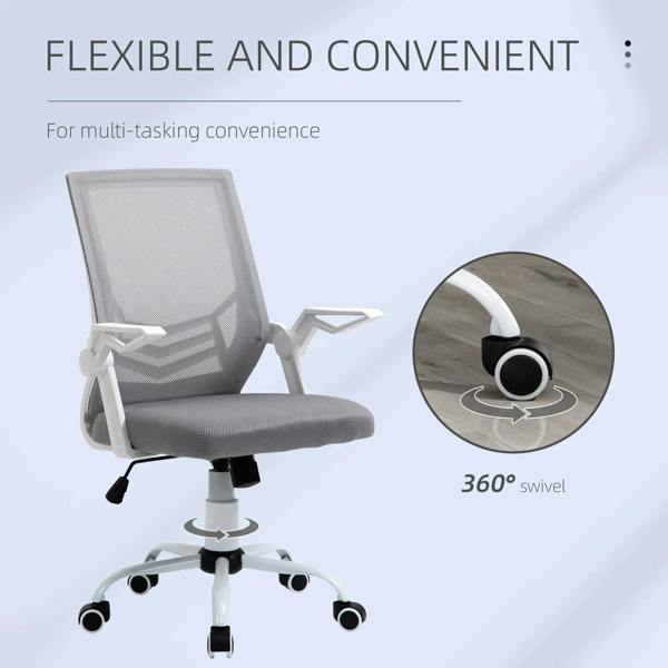 Grey mesh office chair with padded seat and 360-degree swivel casters