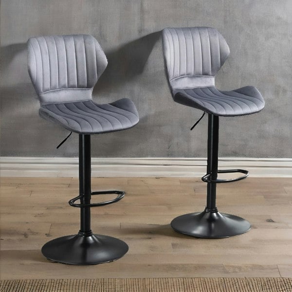 Rafaelo Mobilia Grey Retro Velvet Bar Stools Set Of 2 With Adjustable Height & Swivel