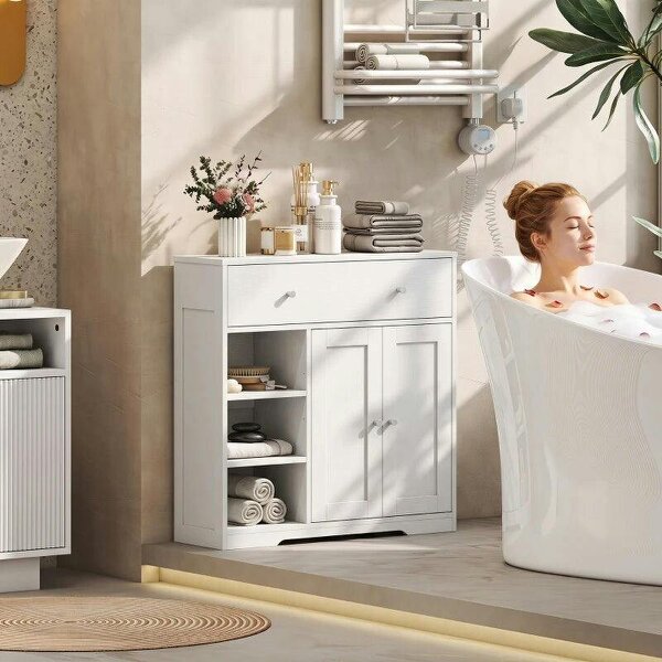 Bathroom Floor Cabinet, Freestanding Bathroom Cabinet with Drawer, Door, Open Shelves, White - White