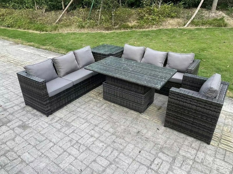 Fimous 7 Seater Wicker PE Garden Furniture Rattan Sofa Set Outdoor Adjustable Rising Lifting Dining Table Set with Armchair Side Table Dark Grey Mixed