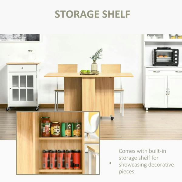 Teak storage-shelf dining table with open cabinet for pantry items and casters