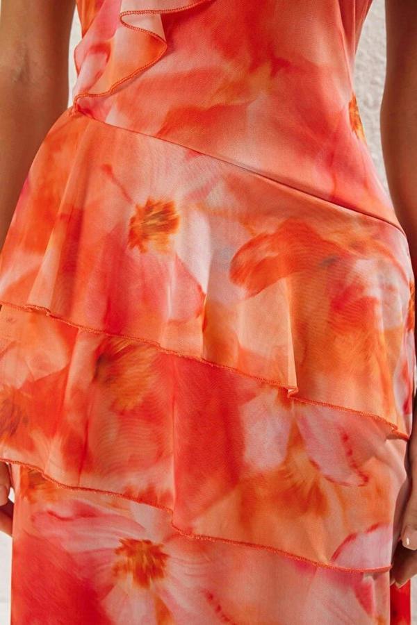 WOVCOR A-Line Floral Ruffled Tulle Knit Long Evening Dress
