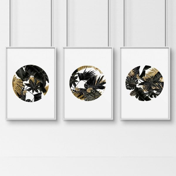 Wall art with gold for living room | set of 3 Tropical wall art prints