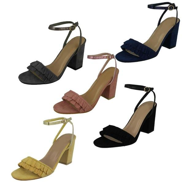 Spot On Ladies Spot On Open Toe Block Heel Sandals With Ruffle Front