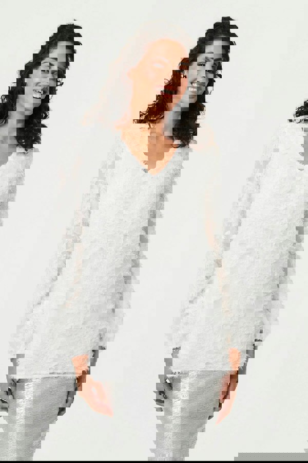 White | Lace Embellished V-Neck Long Sleeve Top
