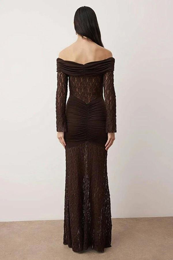 WOVCOR Carmen Collar Lace Knit Elegant Maxi Evening Dress