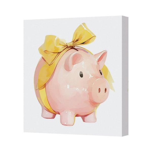 Benjamin Tate Design Handmade Contemporary Pink Pig Canvas Art Print With Yellow Bow