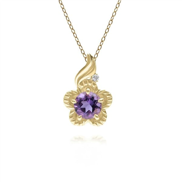 135P2097049 Floral Round Amethyst & Diamond Pendant in 9ct Yellow Gold 1