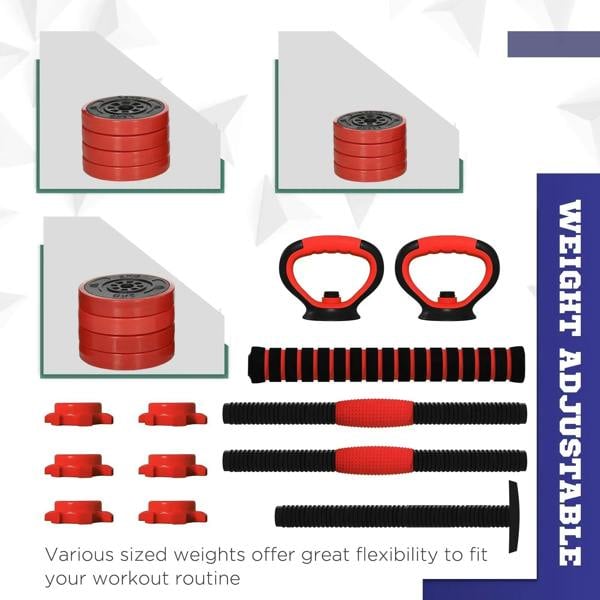 Red weight set parts: stacked plates, kettlebell handles, ribbed bars and handle pads