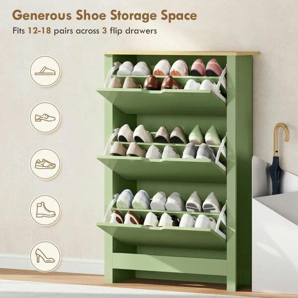 Slim Shoe Cabinet, Narrow Shoe Cupboard with 3 Flip Drawers, Adjustable Shelves for 18 Pairs of Shoes, High Gloss Green