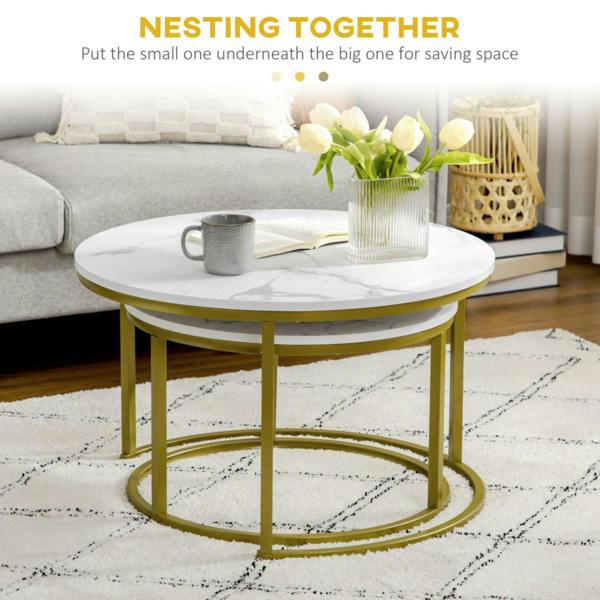 Dyzi Set of 2 Round Nesting Coffee Tables Marble Effect Metal Frame