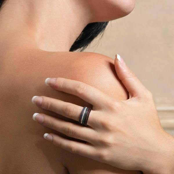 Skinny Sterling Silver Band Ring for Women with Black Spinel Gemstones - namana.london