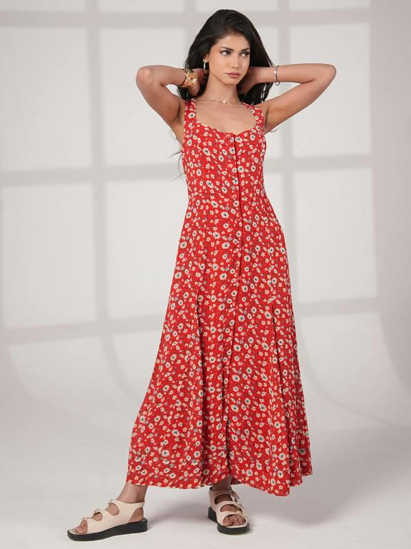 Rose & Nancy Philippa Red Floral Print Midi Dress