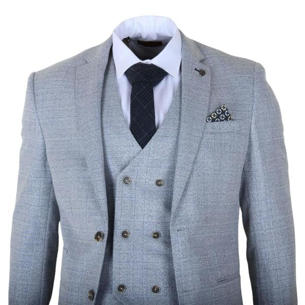 Infinity Leather Men's Light Blue Plaid Check 3 Piece Slim Fit Formal Wedding Suit