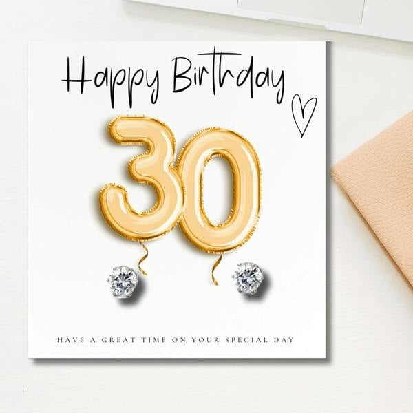 Aye Do Gifts 30th Birthday Cubic Zirconia Silver Earrings & Gold Balloons Gift Card