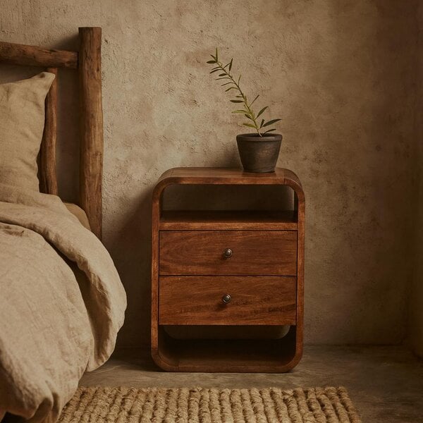 Wyld Haus Bologna Chestnut Mango Wood Curve 2 Drawer Bedside Table