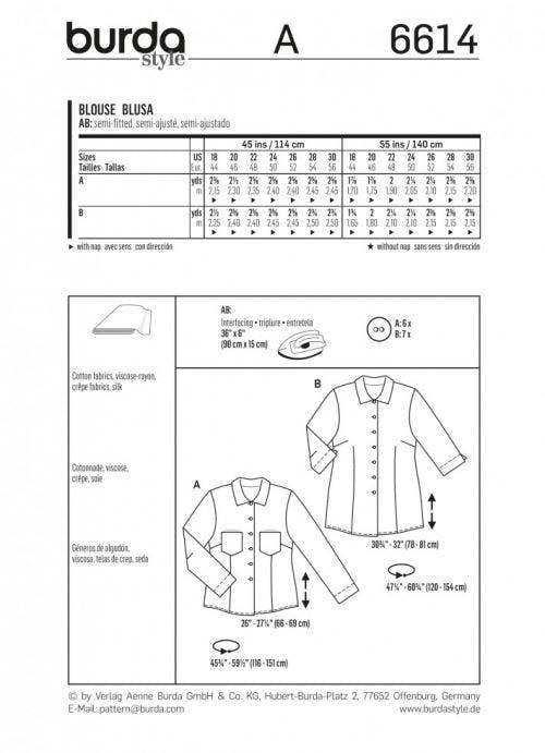 Burda Sewing Pattern 6614 Shirts and Tops For Women, 18 to 30 - Easy