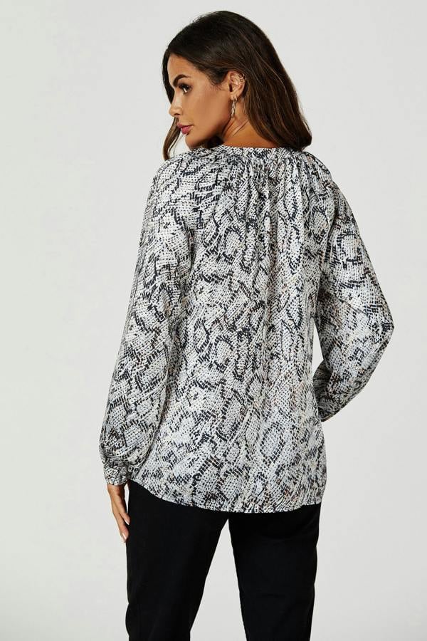 FS Collection Satin Snake Print long sleeve Blouse Top In Grey
