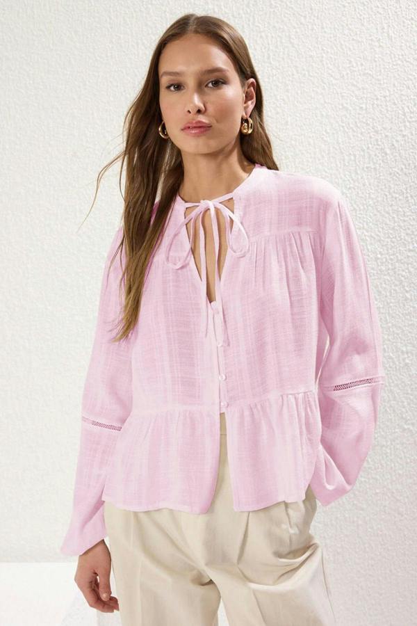 Hoxton Gal Cotton-Textured Regular Fit Woven Shirt with Lace Sleeve Detail
