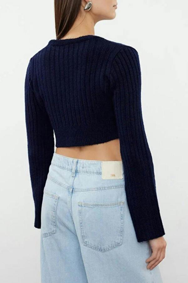 WOVCOR Crop Soft Textured Double Breasted Knit Sweater
