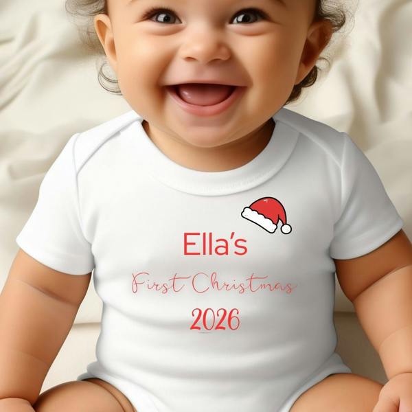 Personalised First Christmas Santa Hat Baby Grow, Vest or Bib with Name