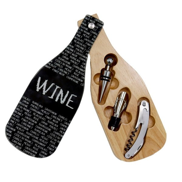 Wine bottle-shaped corkscrew set with wooden holder on a white background
