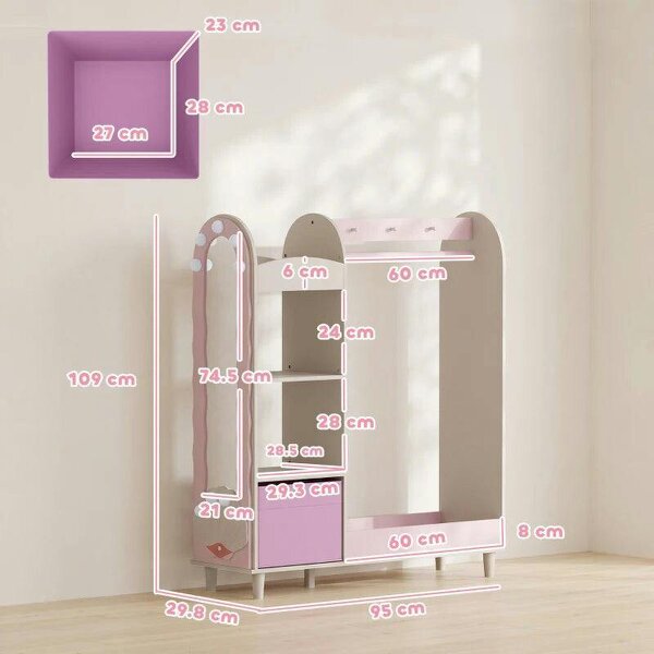 Kids Clothing Rack, Kids Wardrobe with Glowing Lights Mirror, Non-Woven Drawer and Shelves for Bedroom, Ages 3-8, Pink