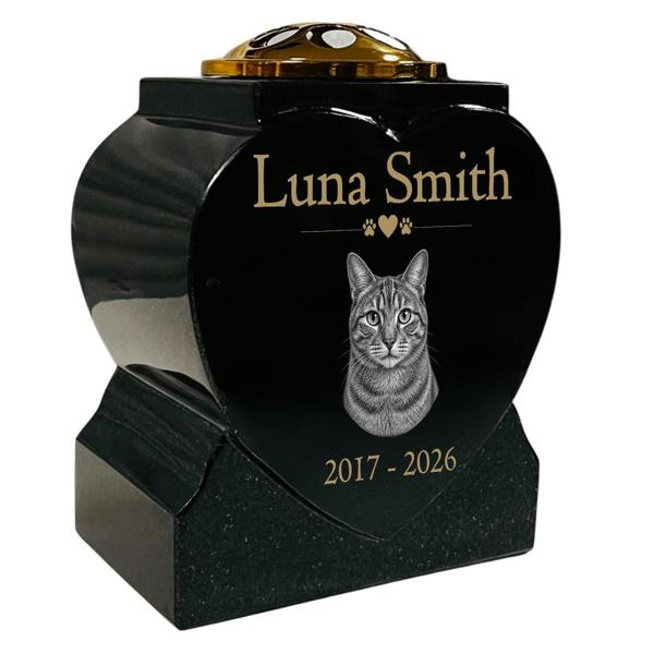 Memorials Direct Cat Memorial Granite Heart-Shaped Photo Vase