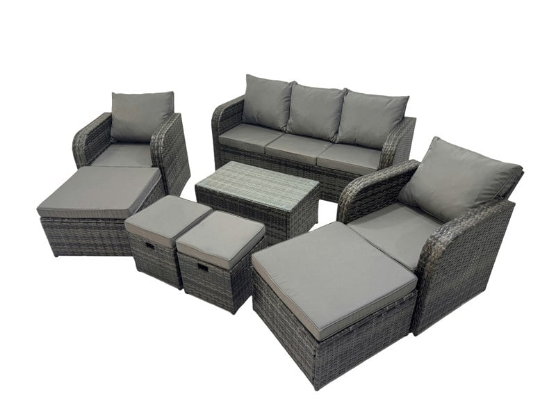 Fimous Outdoor Reclining Chair 3 Seater Sofa Coffee Table Set Garden Rattan Furniture Set 9 Seater with 4 Stools Dark Grey