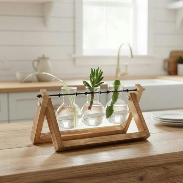 A set of three clear glass bulb-shaped vases suspended from a rustic wooden A-frame, sitting on a wooden kitchen counter, with each vase holding a different green plant cutting.